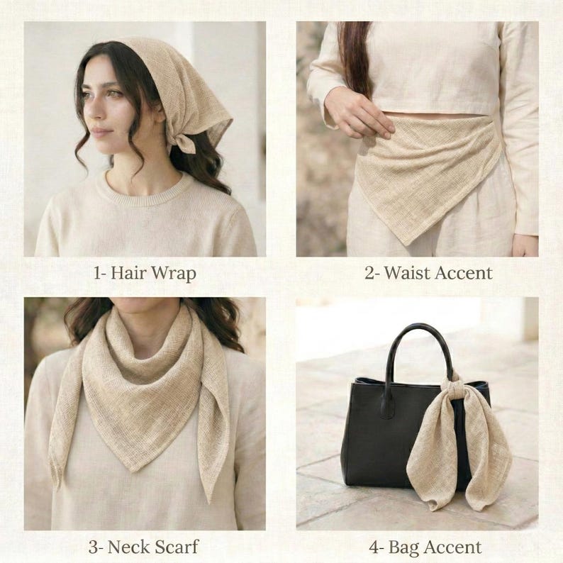 May include: A beige square scarf styled in four ways: as a hair wrap, waist accent, neck scarf, and bag accent. The scarf is made of a textured fabric. The image includes the text: 1- Hair Wrap, 2- Waist Accent, 3- Neck Scarf, 4- Bag Accent.