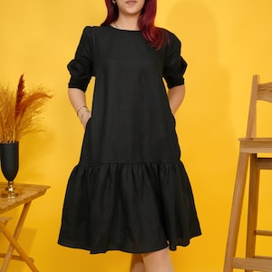 Linen A Line Ruffle Dress with Pockets, Casual Linen Dress for Women, Gathered Sleeve Midi Dress, Everyday Wear, Loose Fit Summer Dresses