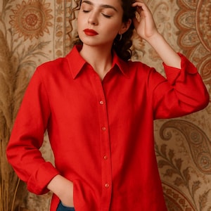 Linen Button Down Shirt for Women, Long Sleeve Collar Shirt, Oversize Linen Shirt, Minimal Workwear Blouse,Classic Timeless Fit Summer Shirt