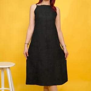 Linen A-Line Strap Dress, Black Linen Dress, Adjustable Strap Linen Dresses, Womens Casual Outfit, Gift for Her, Spaghetti Strap Beach Dress