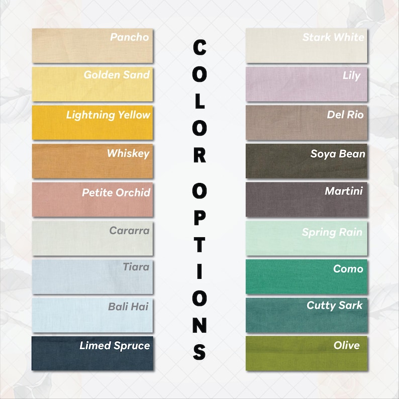 May include: A color chart displaying various fabric swatches with names. The swatches are arranged in rows and columns, showcasing a range of colors from light to dark. The text "COLOR OPTIONS" is vertically aligned in the center.