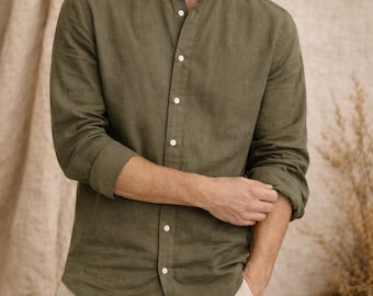 Camicia da uomo in lino con colletto alla coreana: maglia leggera a maniche lunghe