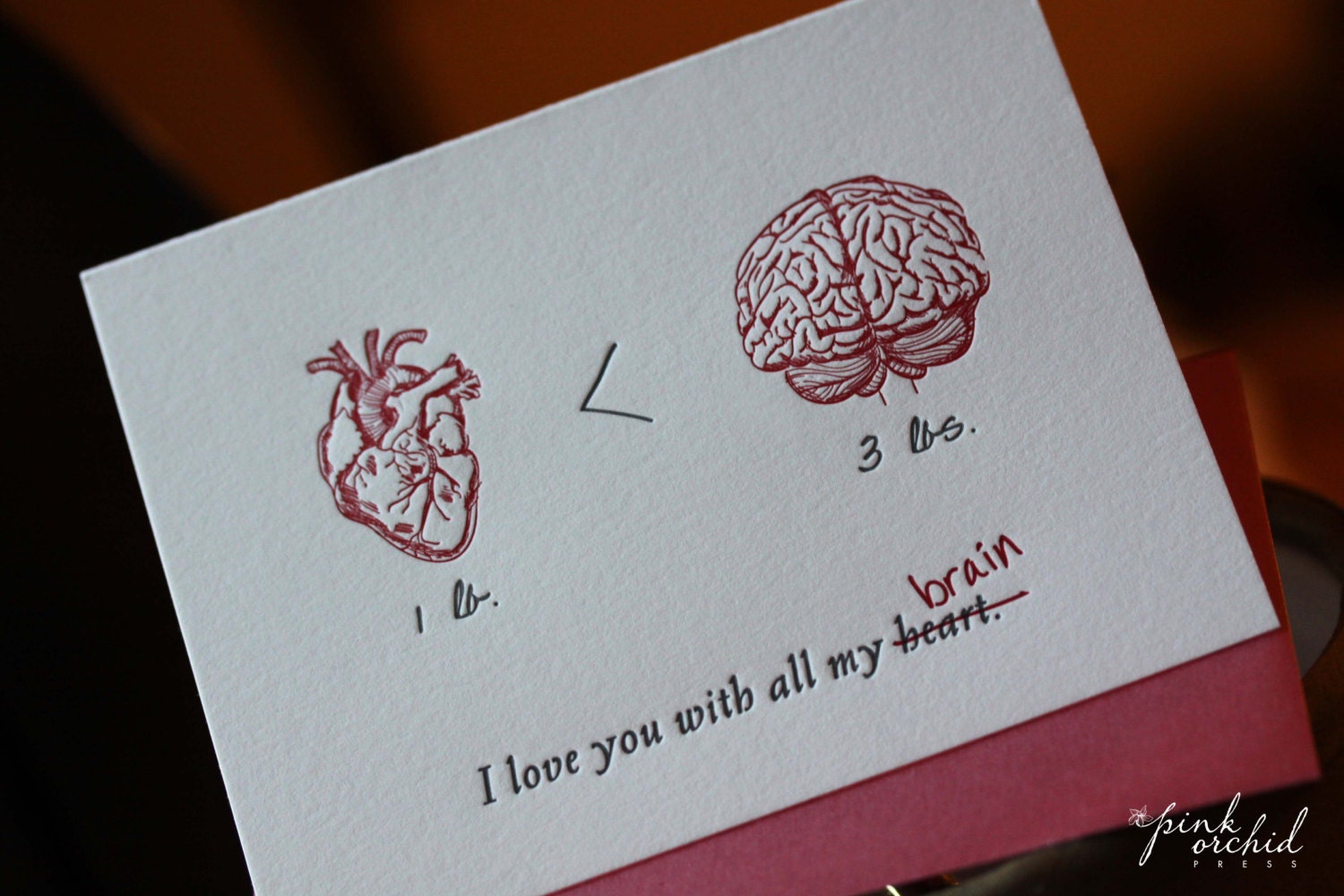I love you with all my heart, Heart vs Brain-- letterpress nerd love …