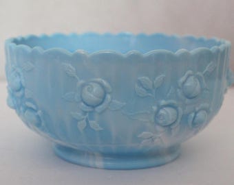 Fenton Rose Blue Marble Milk Glass Bowl, 1970s Fenton 7-inch Round Dish