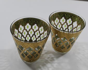 2 Vintage Mod Cocktail Glasses Culvers LTD Valencia Gold Band Double Old Fashioned Glasses