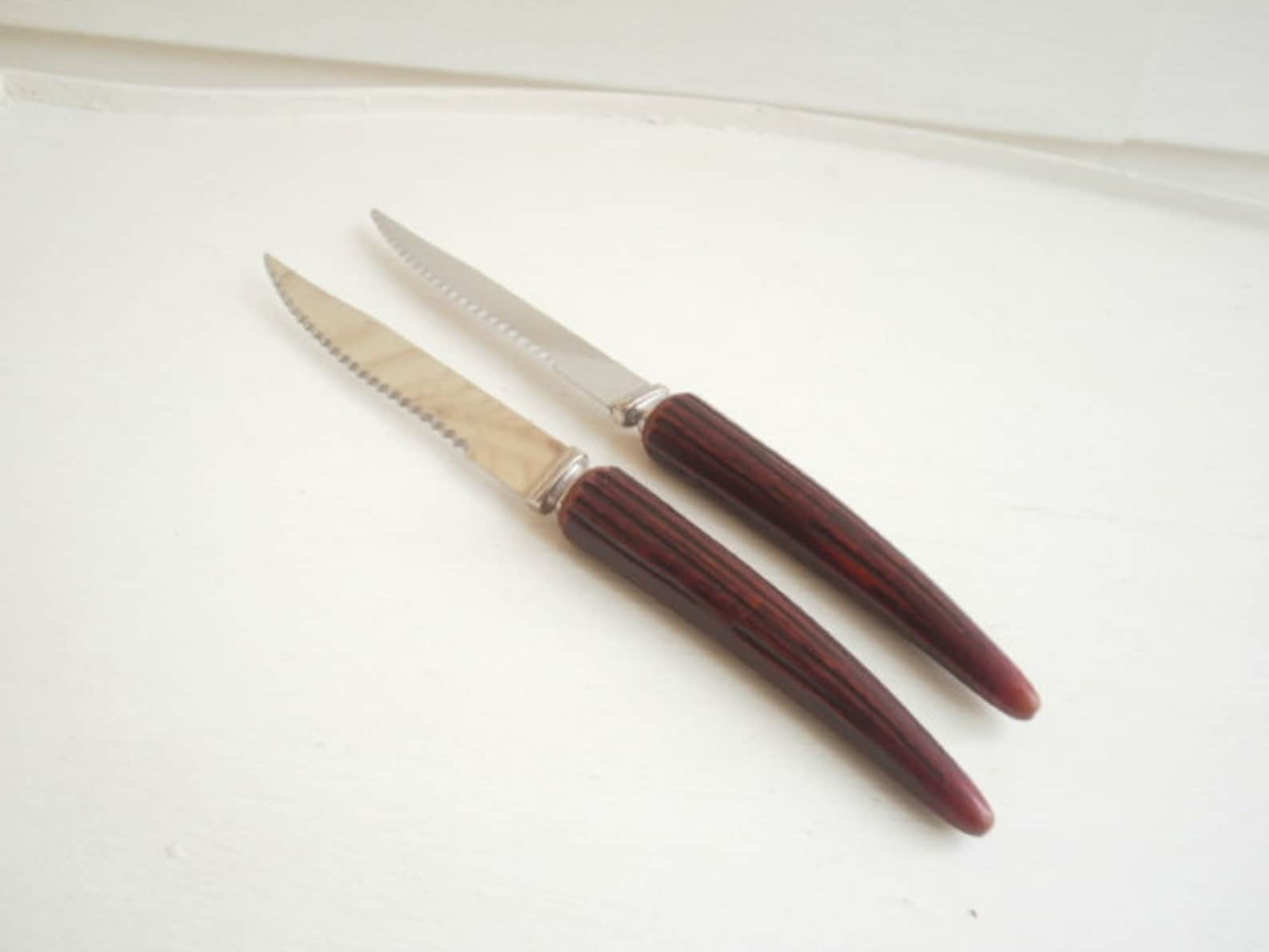 2 Vintage Regent Sheffield Steak Knives, Serrated Blade, Faux Antler