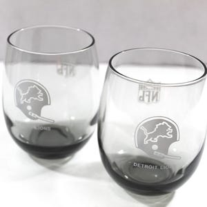 2 Vintage NFL Detroit Lions Highball Cocktail Drinking Glasses, Smoke Grey Etched Glasses, 1970s NFL Glasses