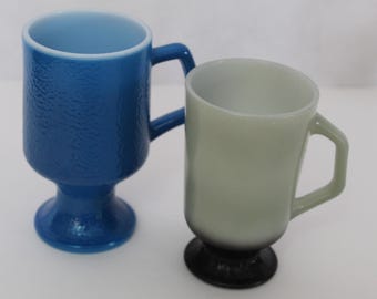 Footed 1970 Milk Glass Coffee Cup Mug Pair