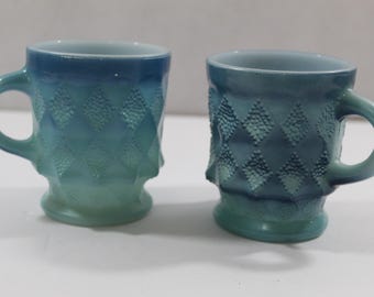 1970s Fire King Kimberly Blue Glass Mugs Cups Set of 2