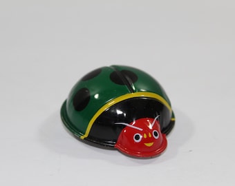 1960s Tin Litho Green Ladybug Pull Back Friction Toy, Made in Japan