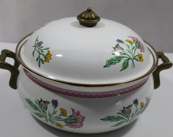 1970s Tabletops Unlimited Dar Collection Floral Porcelain Enamel on Steel Casserole Pan Pot, 3 Quart Covered Pan