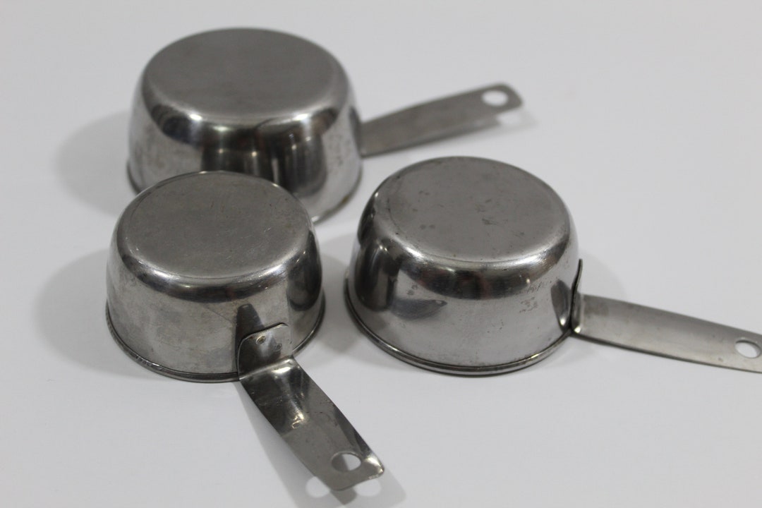 Vintage Hong Kong Stainless Steel Measuring Cups, Baking Cooking Utensils Set of 3, 1/4, 1/3 and