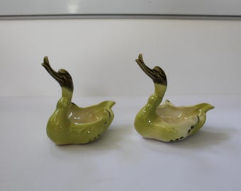2 Vintage Hull Pottery Chartreuse Swan Planters, Candy Dish, Vanity Ring Holder