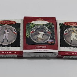 Adorno de recuerdo Hallmark de los años 90 de la serie de coleccionistas de héroes del béisbol: Lou Gehrig, Satchel Paige y Jackie Robinson en cajas originales