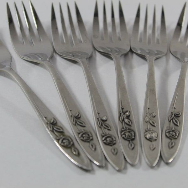 Vintage 1960s Flatware Forks, 6 My Rose Oneida Community Stainless Salad Dessert Forks