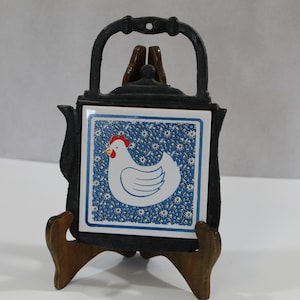 Vintage Tea Kettle Chicken Tile Trivet, Black Metal Kitschy Wall Decor, Counter Decor, Kitchen Decoration
