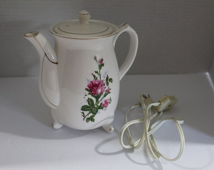 Vintage Electric Teapot Tea Kettle 120V 50W, Ceramic Shabby Pink Rose