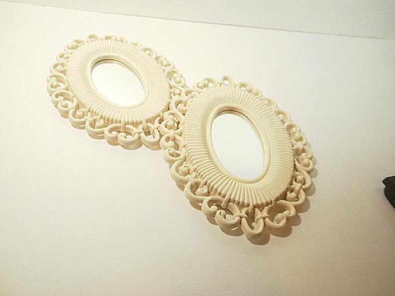 2 Syroco White Faux Bamboo Miniature Oval Mirrors