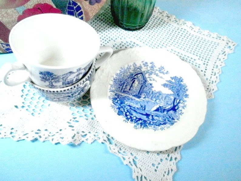 Shabby Old Blue White Teacups with Cookie Plate, Tea Time Serv Shabby Old Blue White Teacups with Cookie Plate, Tea Time Serv
