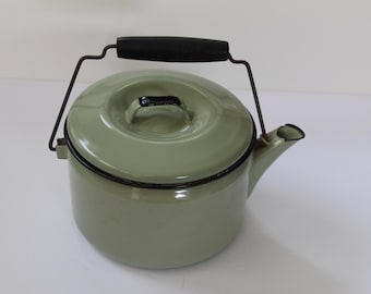 Antique Light Green Enamelware Teapot Kettle, Metal Lid and Wooden Handle