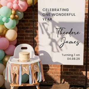 May include: A white high chair with a burlap banner reading ONE, decorated with pastel ribbons. Beside it, a white sign on a black frame reads CELEBRATING ONE WONDERFUL YEAR, Theodore James, Turning 1 on 04.08.26, next to a balloon arch and a wooden block with 1.