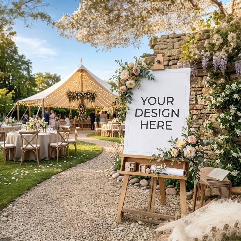 May include: A white rectangular sign with the text YOUR DESIGN HERE displayed on a wooden easel. The sign is decorated with peach and cream-colored roses and green foliage. The easel stands on a gravel path near a stone wall and a large event tent.