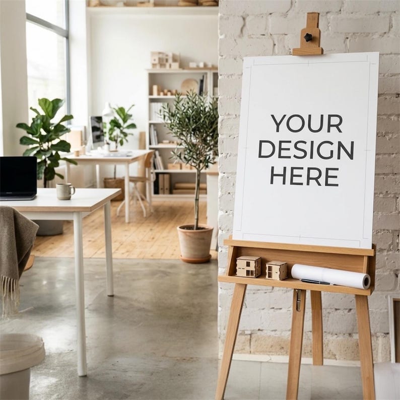 May include: A light-colored wooden easel holding a vertical white poster with the black text YOUR DESIGN HERE. The easel features a small shelf containing two miniature wooden house models and a white rolled paper tube resting on the ledge.