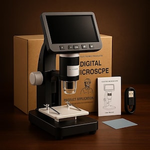 Può includere: Un microscopio digitale nero con schermo integrato, tavolino bianco e manuale utente. Il testo "DIGITAL MICROSCOPE" e "PRODUCT APPLICATION" è stampato sulla scatola. Sono inclusi anche un cavo USB e un panno per la pulizia.