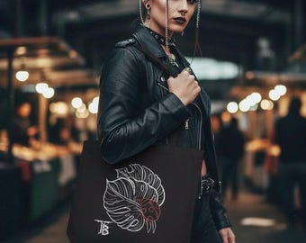 Ladybug Tote Bag | Black Organic Cotton Eco Bag | Dark Botanical Line Art | Alt Aesthetic Shoulder Bag