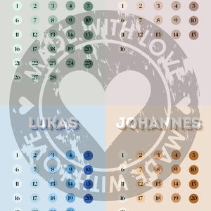Könnte beinhalten: Ein dekoratives Poster mit vier Quadranten, die jeweils einen Namen tragen: Matthias, Markus, Lukas und Johannes. Jeder Quadrant hat ein anderes Farbschema und nummerierte Kreise. Die Worte "Made With Love" stehen im Zentrum.