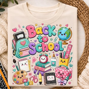 Zurück zur Schule PNG: Niedliche Schulsachen PNG Kawaii Rucksack Bücher Globus Klassenzimmer-Essentials (Digitaler Download)
