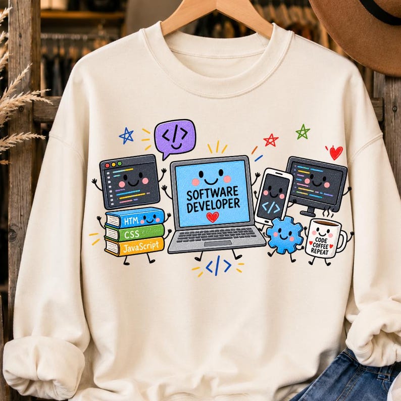 May include: A cream-colored crewneck sweatshirt featuring a colorful graphic of a smiling laptop with the text "SOFTWARE DEVELOPER" and a red heart. Surrounding elements include a smartphone, a monitor, a stack of books labeled HTML, CSS, and JavaScript, a coffee mug labeled "CODE COFFEE REPEAT," and various coding symbols.