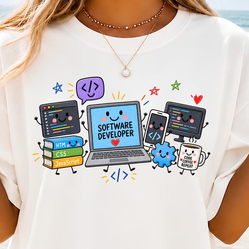 May include: A white t-shirt featuring a colorful graphic of a smiling laptop with the text SOFTWARE DEVELOPER, surrounded by cartoon icons including a smartphone, a coffee mug labeled CODE COFFEE REPEAT, books marked HTML, CSS, and JAVASCRIPT.