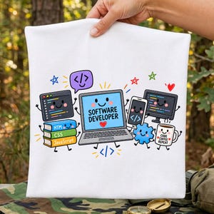 May include: A white t-shirt featuring a colorful graphic of a smiling laptop with the text SOFTWARE DEVELOPER, surrounded by cartoon icons including books labeled HTM, CSS, and JavaScript, a smartphone, a coffee mug labeled CODE COFFEE REPEAT.