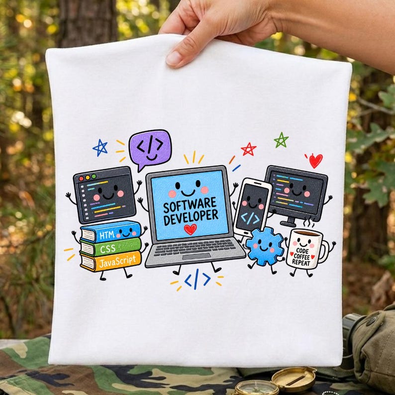 May include: A white t-shirt featuring a colorful graphic of a smiling laptop with the text SOFTWARE DEVELOPER, surrounded by cartoon icons including books labeled HTM, CSS, and JavaScript, a smartphone, a coffee mug labeled CODE COFFEE REPEAT.