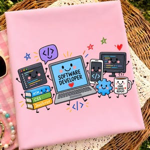 May include: A light pink t-shirt featuring a colorful graphic of a smiling laptop with the text SOFTWARE DEVELOPER, surrounded by animated icons including a smartphone, a coffee mug labeled CODE COFFEE REPEAT, books, and coding symbols.