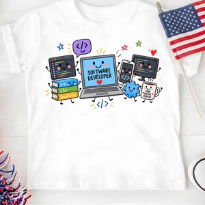 May include: A white t-shirt featuring a colorful graphic of a laptop with the text "SOFTWARE DEVELOPER" and a red heart. Surrounding the laptop are cartoon illustrations of books labeled "HTML", "CSS", "JavaScript", a smartphone, a coffee mug labeled "CODE COFFEE REPEAT", and various coding symbols.