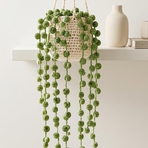 May include: A hanging planter made of off-white crocheted yarn containing a trailing plant with numerous small, round, green crocheted spheres attached to long, thin green stems that drape downward from the basket, suspended by twisted white cords.