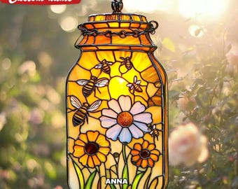 Honey Bee Suncatcher, Faux Stained Glass Mason Jar, Garden Decor