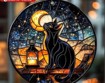 Celestial Cat Acrylic Suncatcher, Starry Night Stained Glass Window Decor, Mystic Kitty Gift