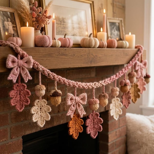Vintage Harvest Crochet Garland, Pumpkin Leaf Banner, Handmade Thanksgiving Decor, Rustic Autumn Mantel Garland