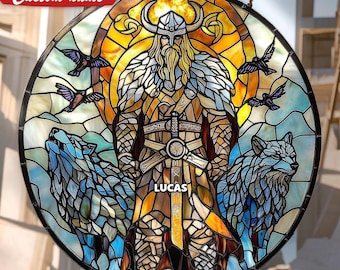 Atrapasol de cristal vikingo nórdico Odin, adorno de vitral falso, decoración de mitología nórdica y regalo vikingo único para el hogar y la oficina.