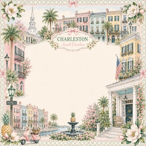 May include: A decorative paper sheet featuring a watercolor illustration of Charleston, South Carolina. The border displays colorful historic buildings, palm trees, a fountain, a pineapple, a scooter, and magnolia flowers with the text Charleston South Carolina.