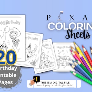 Può includere: Una raccolta di 20 pagine da colorare di compleanno stampabili con personaggi Pixar. L'immagine include matite colorate e il testo "Pixar Coloring Sheets". Le pagine sono disegni a tratto in bianco e nero.