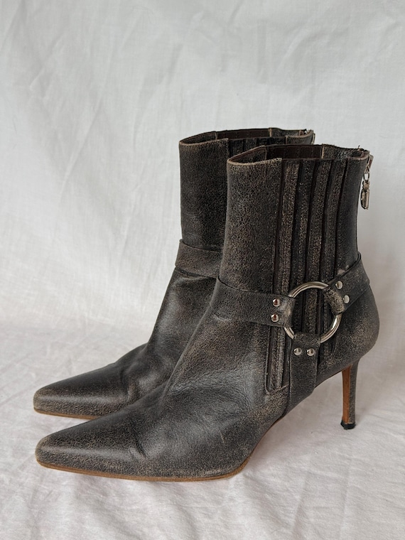 Christian Dior Souliers Vintage Ultra Rare Grey Leather Buckle Archive Ankle Boots Pointed Toe