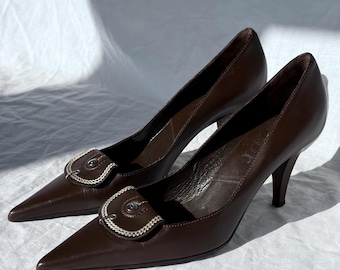 Dior Vintage  Chocolate Brown Leather Pointed Toe Pumps Heels