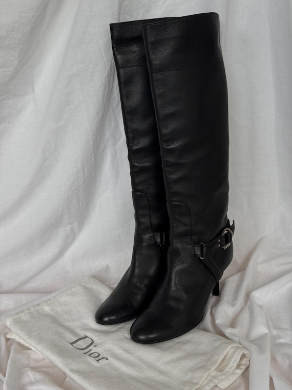 Christian Dior Vintage Galliano Black Leather Logo Buckle Riding Boots Kitten Heels