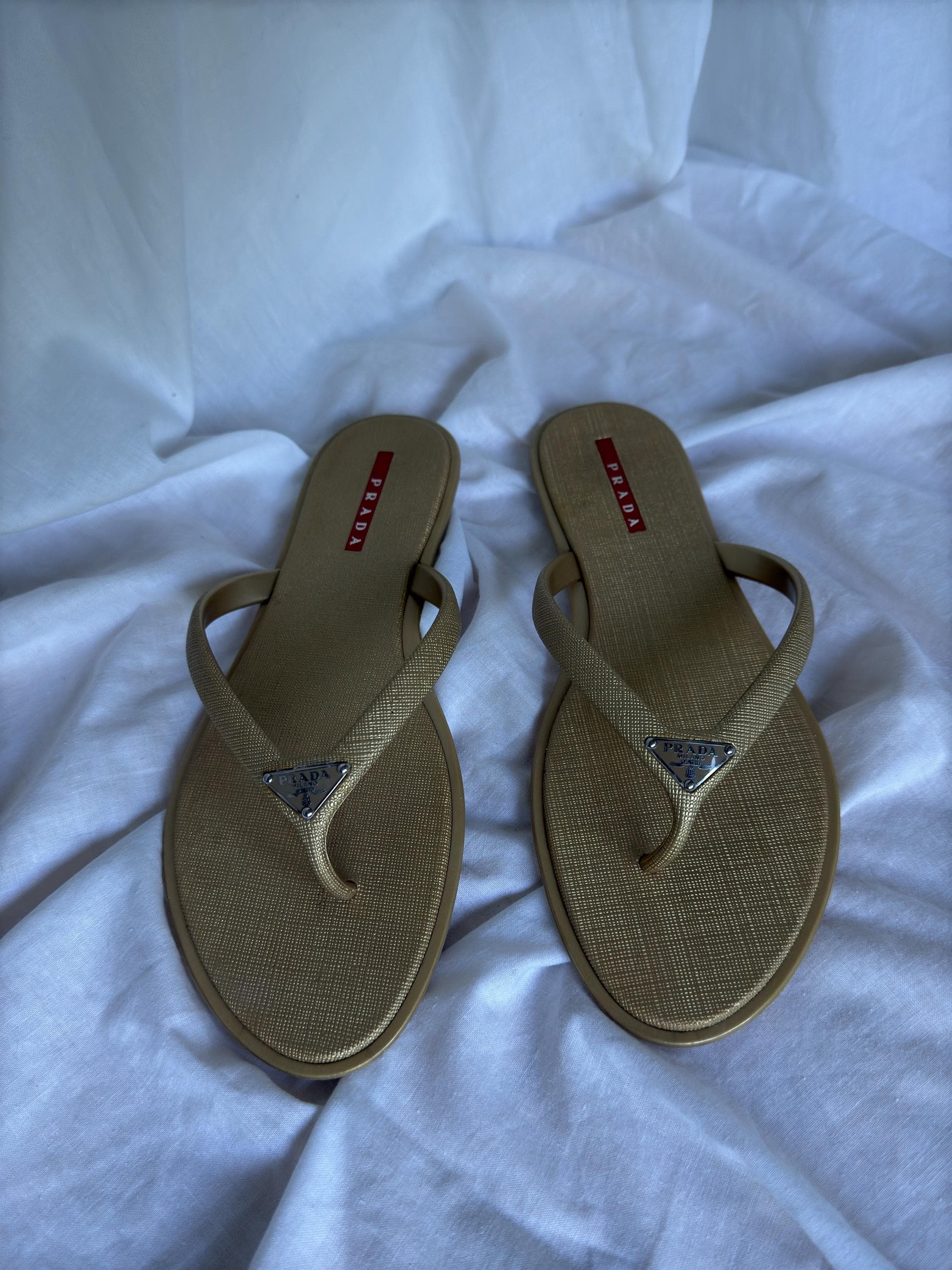 Prada Rubber Gold Metal Plaque Logo Flip Flops Thongs Sandals - Etsy