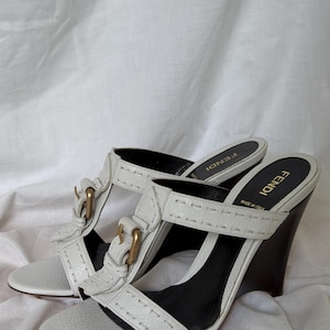Fendi White Leather Strappy Mules Sandals on Wedges Rose Gold Buckle