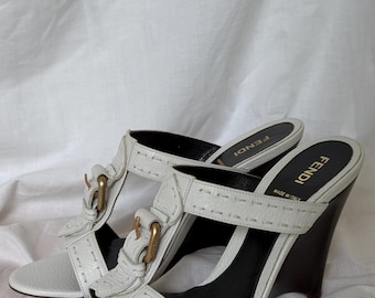 Fendi White Leather Strappy Mules Sandals on Wedges Rose Gold Buckle
